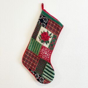 Vintage‎ Handmade Finished Needlework Christmas Stocking Patchwork poinsettia